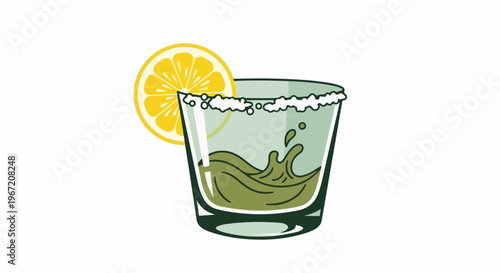 A salt-rimmed glass filled with green liquid, splashing, with lemon slice