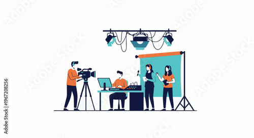 Broadcast production with cameras, lights, and talent on set