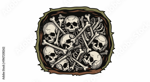 Pile of skulls and bones spilling out of a dark hole
