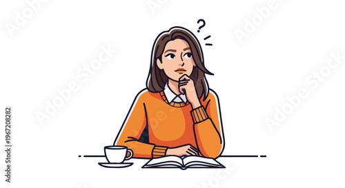 Woman in orange sweater thinking at a desk with book and coffee