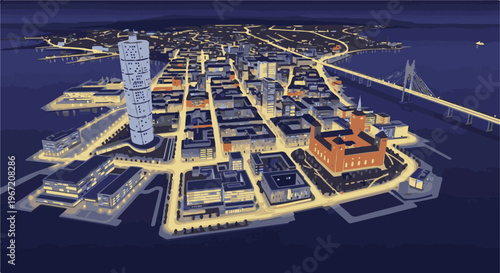 Pixelated aerial view of a modern city at night, illuminated by streetlights