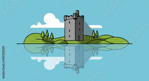 Stylized medieval castle on a green island reflected in blue water