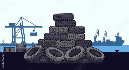 Pile of tires on a dock with cranes and ship in background