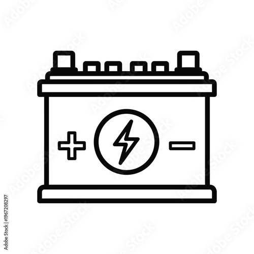 Minimalist line art icon of a car battery featuring a lightning bolt symbol and polarity terminals, ideal for automotive maintenance, energy storage, and electrical power concepts.
