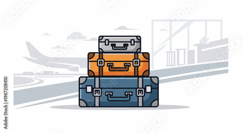 Three vintage-style suitcases stacked for air travel, with an airplane in background