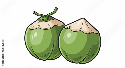 Two cartoon green coconuts with stems and beige tops