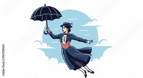 A woman in a dark dress and hat, holding a black umbrella, glides through the sky