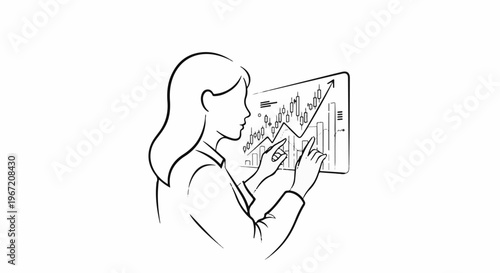 Stylized sketch of a woman analyzing a financial graph on a screen