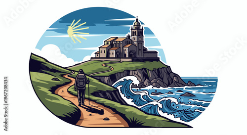 Pilgrim walks coastal path toward historic cathedral under sun