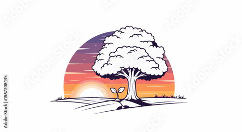 Stylized sunrise behind a mature tree and a young sprout