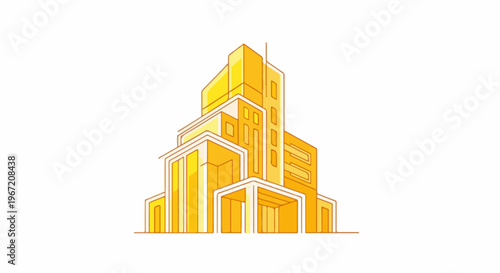 Stylized yellow building with geometric shapes, bright modern facade