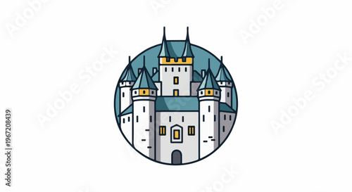 A circular graphic illustration of a grand white castle with teal roofs