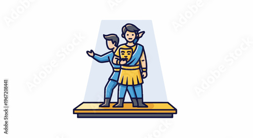 Two figures, one holding a mask, on a stage under a light