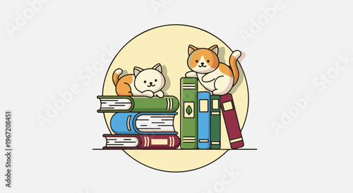 Two cute cartoon cats rest on a stack of colorful books