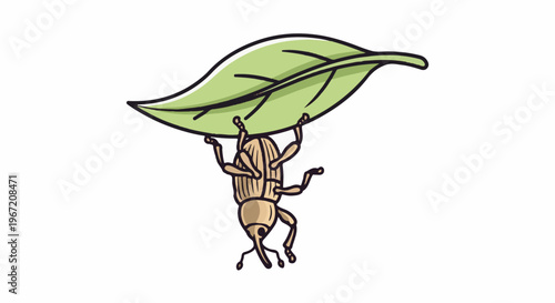 A cartoon beetle hangs upside down holding a green leaf