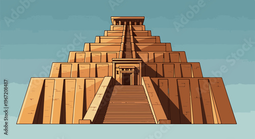 Pixelated ancient stepped pyramid with a grand staircase leading upwards