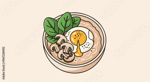 A top-down view of a bowl of porridge with a fried egg and mushrooms