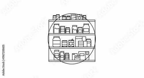 Three shelves filled with various jars, cans, and boxes arranged in a pantry