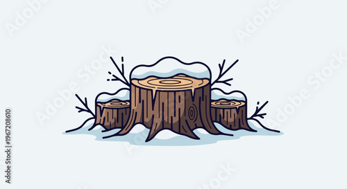 Three snow-covered tree stumps with bare branches in winter