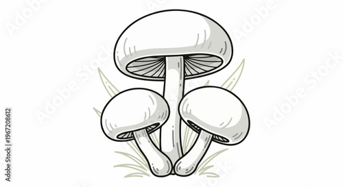 Three white mushrooms with textured caps and stems, with faint grass-like details