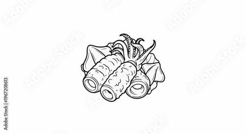Three stuffed squid tentacles and bodies with frilled edges