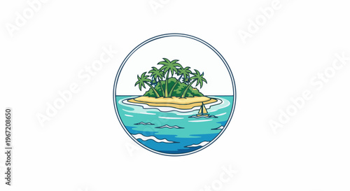 Tropical island with palm trees and a sailboat in a circular frame