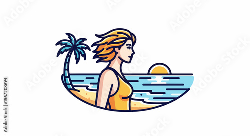 Woman on beach at sunset with palm tree