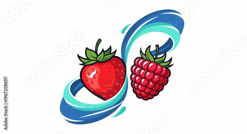 A red strawberry and a ripe raspberry are surrounded by swirling blue and aqua liquid