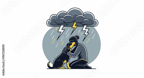 Person hugs dog under stormy cloud with lightning and rain