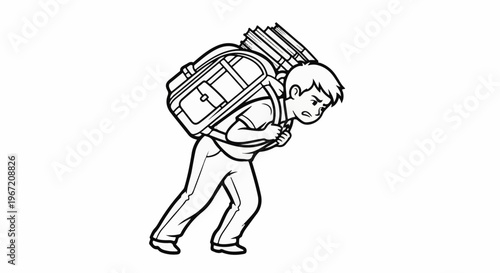 Young boy struggling under the immense weight of a large backpack