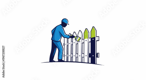 Person in blue paints white picket fence green with a brush