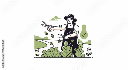 Person in hat and apron pruning plants with scissors in a garden