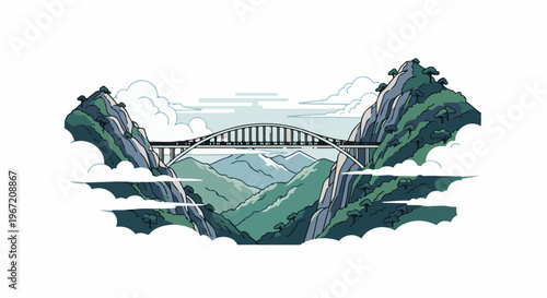 Pixelated bridge spans a misty mountain valley with clouds