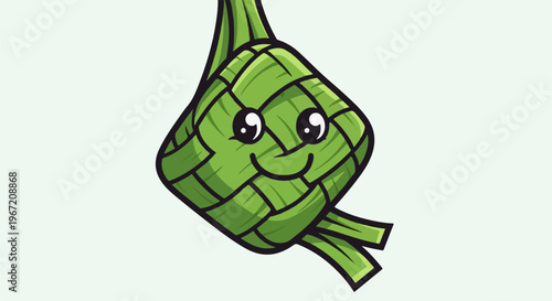 A charming green cartoon ketupat with large eyes and a smile