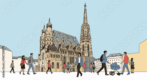 People stroll past a grand cathedral with ornate architecture under a clear sky