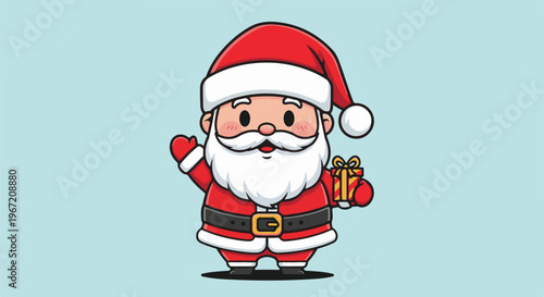 A cartoon Santa Claus with a white beard, red suit, and hat holds a gift