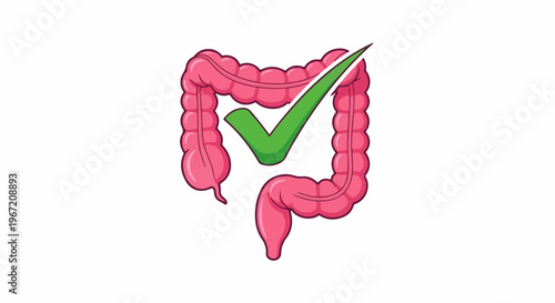 Pink intestines with a green checkmark indicating good health