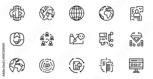Global Network Icons: A collection of meticulously crafted, minimalist icons portraying a network of interconnected globes and informational infographics.