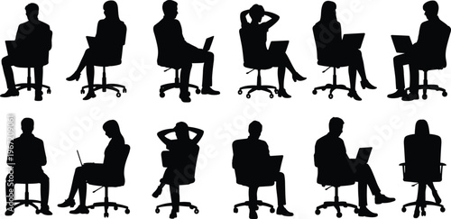 business people silhouettes, office workers sitting chairs, laptop users, corporate team, isolated black figures