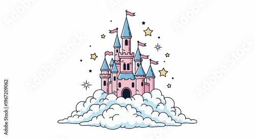 Pink fairytale castle with blue roofs and flags atop fluffy clouds, stars