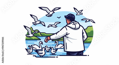 Person in white hoodie feeding birds near water