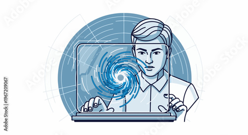 Person interacting with a swirling digital display on a laptop