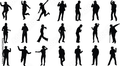 Dancing people silhouettes set, male and female performers, dynamic moves, music rhythm, isolated vector illustration collection