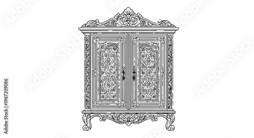Ornate, carved, two-doored cabinet with decorative base and top