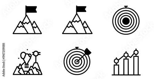 Icons of Ambition: A set of black and white icons representing goals, targets, and achievement in the realm of business and personal development.