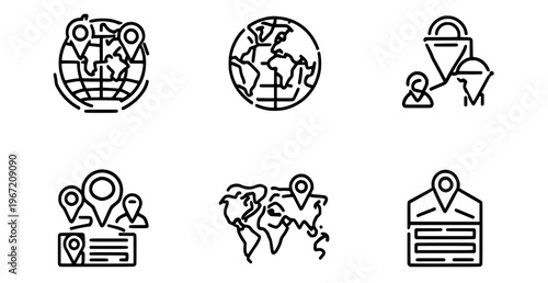 Global Connection Icons: A set of simple yet informative icons related to global communication, security, and location tracking, perfect for representing connectivity and international data flow.