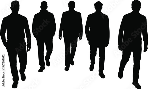 business men silhouettes walking, corporate team stride forward, professional people, isolated black figures, leadership concept