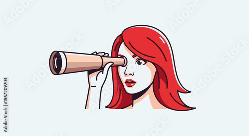 Person looking through a spyglass with red hair and red lips