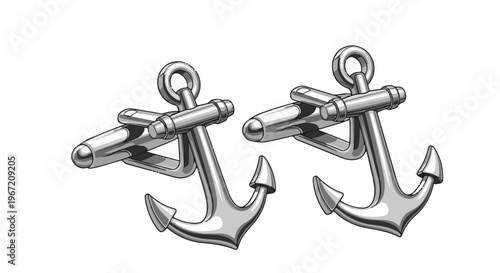 Pair of shiny metallic anchor-shaped cufflinks presented on white background