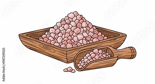 Pink salt crystals piled in a wooden bowl with a scoop
